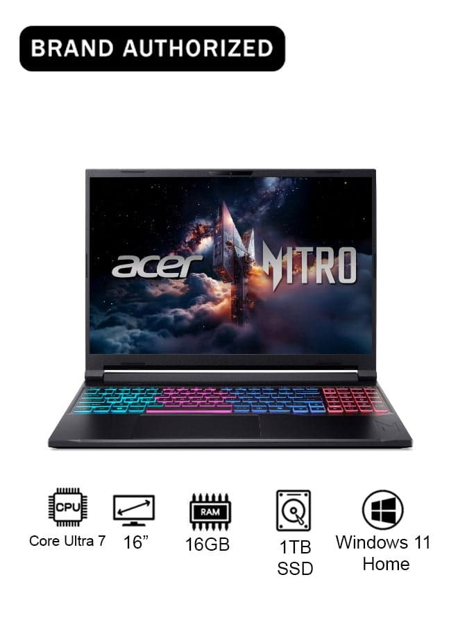 Nitro V16S Slim Gaming Laptop 14th Gen Intel Core 7-240H 10 Cores Upto 5.2GHz/16GB DDR5 RAM/1TB SSD Storage/8GB NVIDIA®GeForce®RTX 5060 Graphics/16" WQXGA IPS 180Hz Display/W11/Killer WiFi-6/4-Zone RGB KB/Thunderbolt 4/ English Black