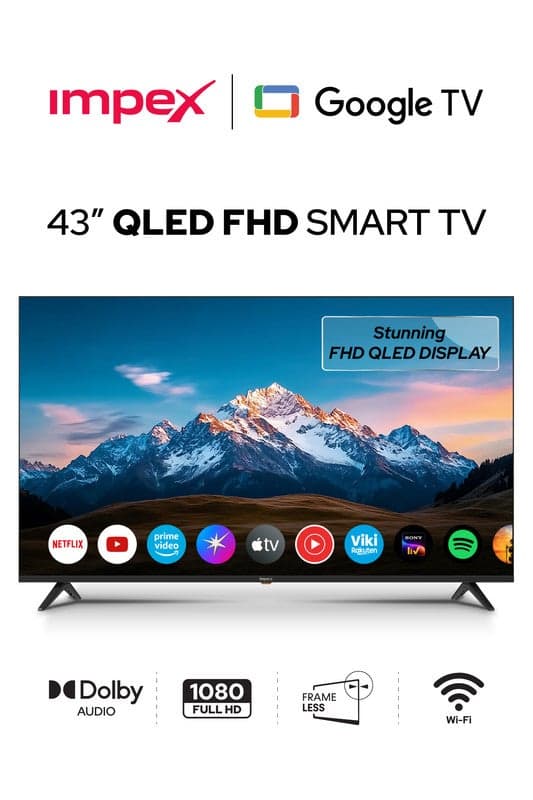 43 Inch QLED Smart TV Full HD, Google TV with Voice Remote & Google Assistant, 1920x1080 Resolution, Chromecast Built-in, Bezel-Less Slim Design, 4 HDMI 2 USB, DVB T2/S2, A+ Grade Panel, 1GB RAM 8GB ROM, Energy Efficient LED Television, Wall Mount Included, 2 Years Warranty - evoQ 43QLC2 Black evoQ 43QLC2 Black
