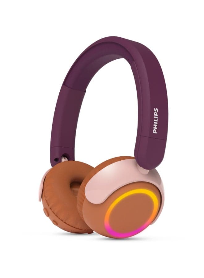 TAK4200MP Kids Wireless On-Ear Headphones with Mic, 85dB safe Volume, 45H Playtime, Colorful LED Earcups, Bluetooth 5.4, Foldable & Durable, USB-C Charging Cable, Over-Ear Headset for Online Learning, School, Travel, Play (Magenta Purple) Magenta Purple