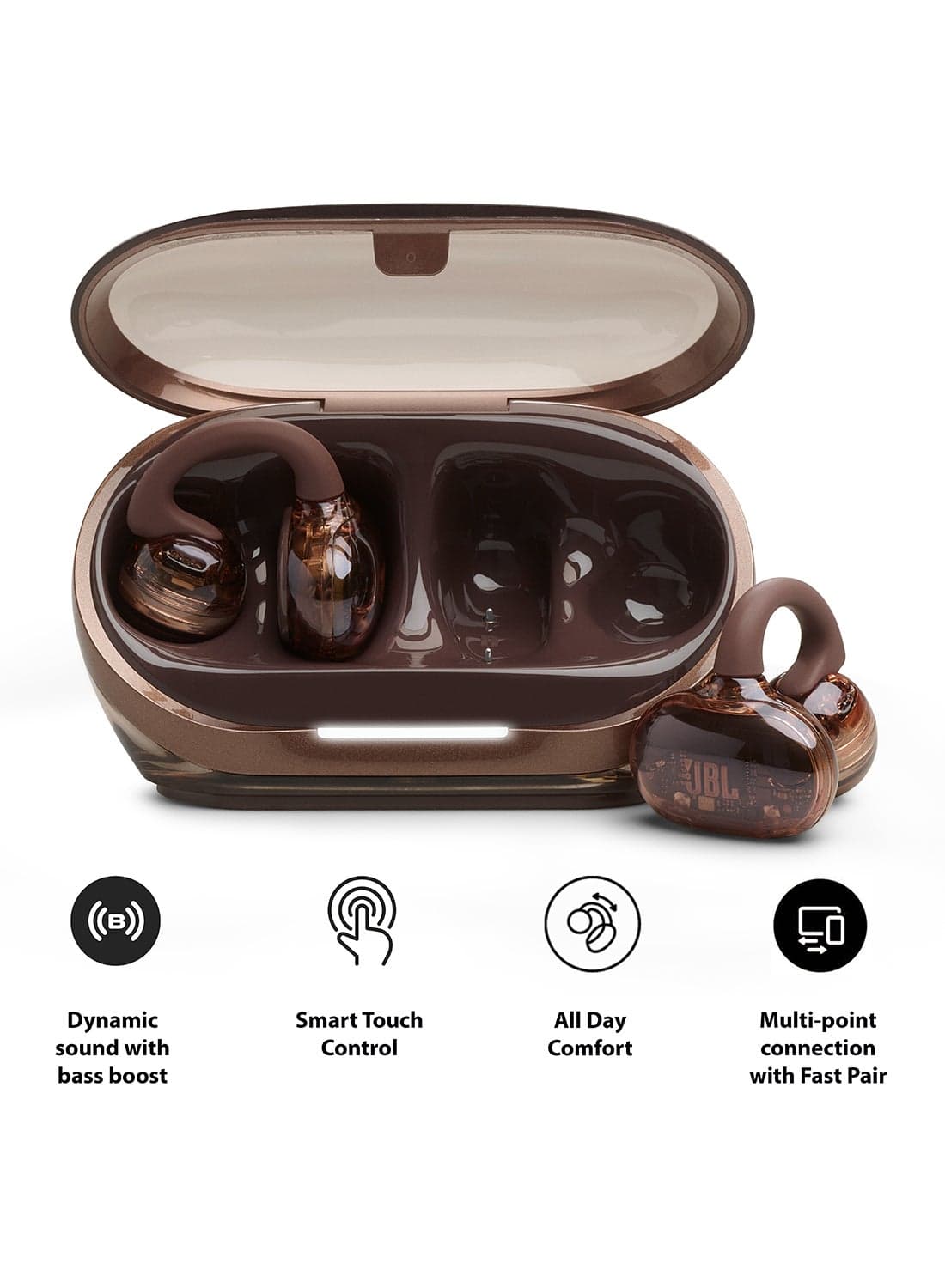 JBL Soundgear Clips True Wireless Open-Ear Headphones, SonicArc Design, Up to 32 Hours Total Playtime, 4 Beamforming Mics, IP54 Water & Dust-Resistant, JBL OpenSound Technology, Ghost Copper Ghost Copper