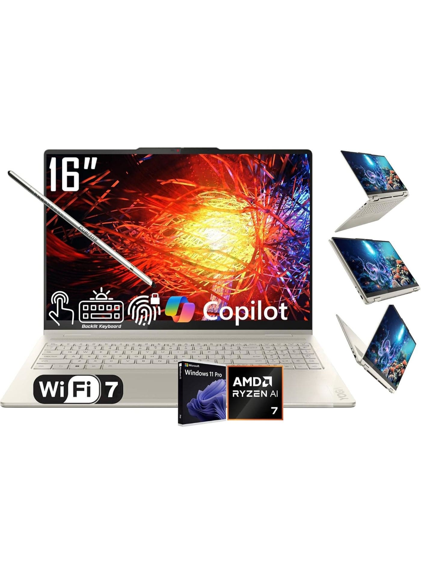 Yoga 7 2-in-1 16″ Touchscreen Laptop – AMD Ryzen™ AI 7 350, 16GB LPDDR5X RAM, 1TB PCIe SSD, AMD Radeon™ 860M Graphics, Wi-Fi 7, Windows 11 Seashell