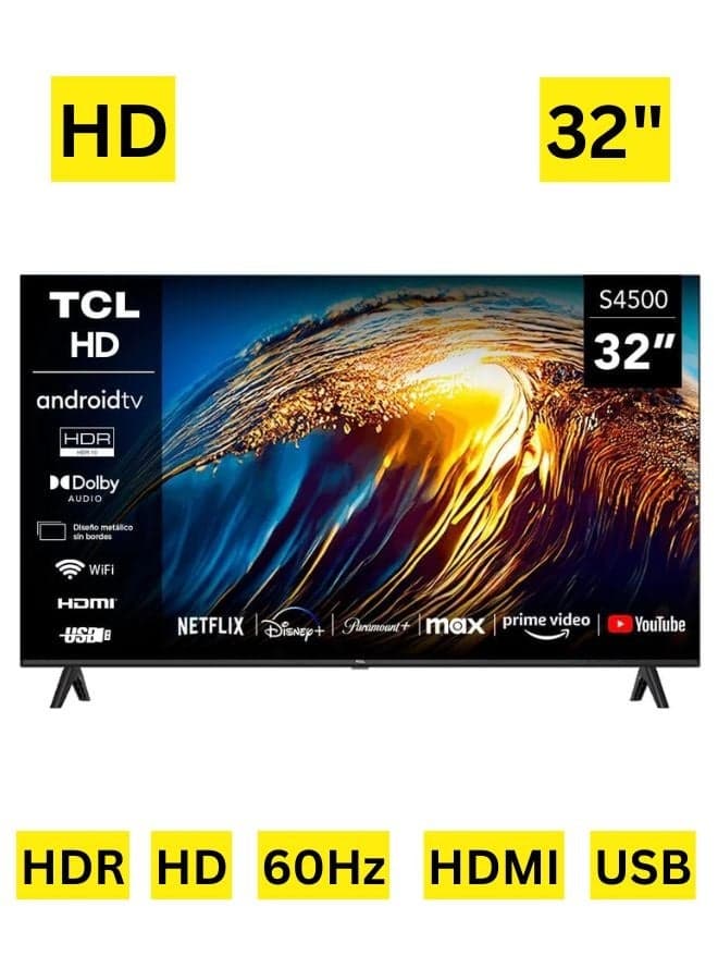 32 Inch S4500A HD Smart TV | Android Smart TV | HDR TV | T-Screen | Ai-Clarity | Dolby Audio | Metallic Bezel-less | Wifi, HDMI, USB | Multiple Viewing Modes | Ideal For Bedroom & Small Spaces - International Version 32S4500A Black