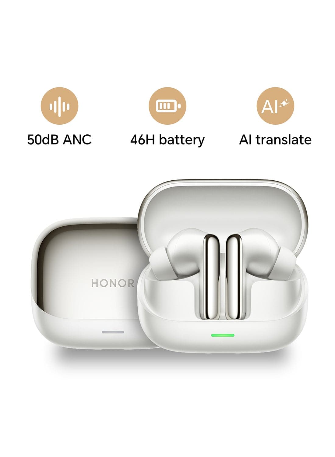 HONOR Earbuds 4 with AI Translation, 50dB Adaptive ANC, 46H Battery Life, Dual Drivers(11mm+6mm), 3-Mic AI Call Noise Reduction, IP54 Water Resistant, Pearl White