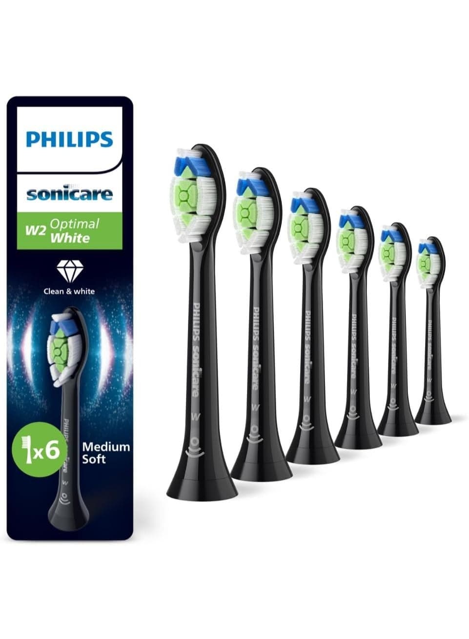 Philips Sonicare W2 Optimal Standard Brush Heads, Click-On, BrushSync Enabled, Pack Of 6 Black - HX6066/88 black
