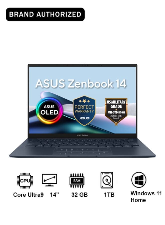 Zenbook Laptop With 14 Inch (2880x1800) Display, Core Ultra 9 285H Processor/32GB RAM DDR5/1TB SSD/Intel Arc Graphics/Windows 11 Home/ English/Arabic Ponder Blue