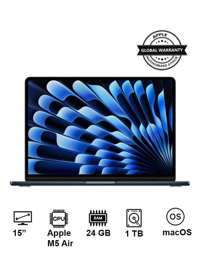 New 2026 MacBook Air MDVN4 | 15 Inch Display | Apple M5 Air | 10-Core CPU 10-Core GPU | 24GB RAM | 1TB SSD | macOS | English And Arabic Keyboard | Midnight
