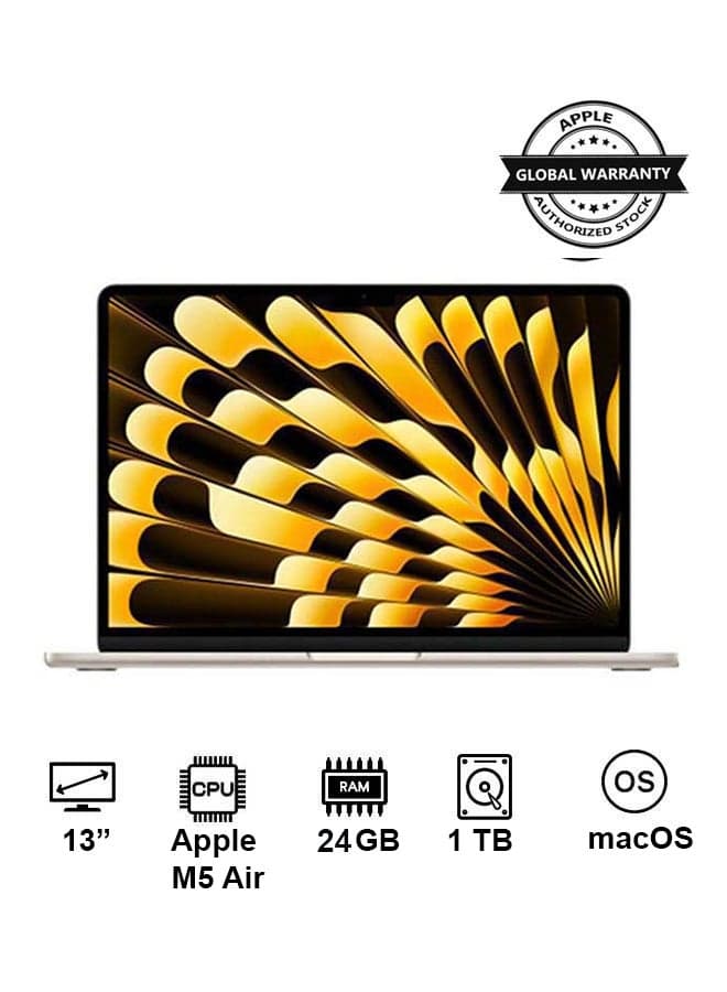 New 2026 MacBook Air MDHD4 | 13 Inch Display | Apple M5 Air | 10-Core CPU 10-Core GPU | 24GB RAM | 1TB SSD | macOS | English Keyboard | Starlight