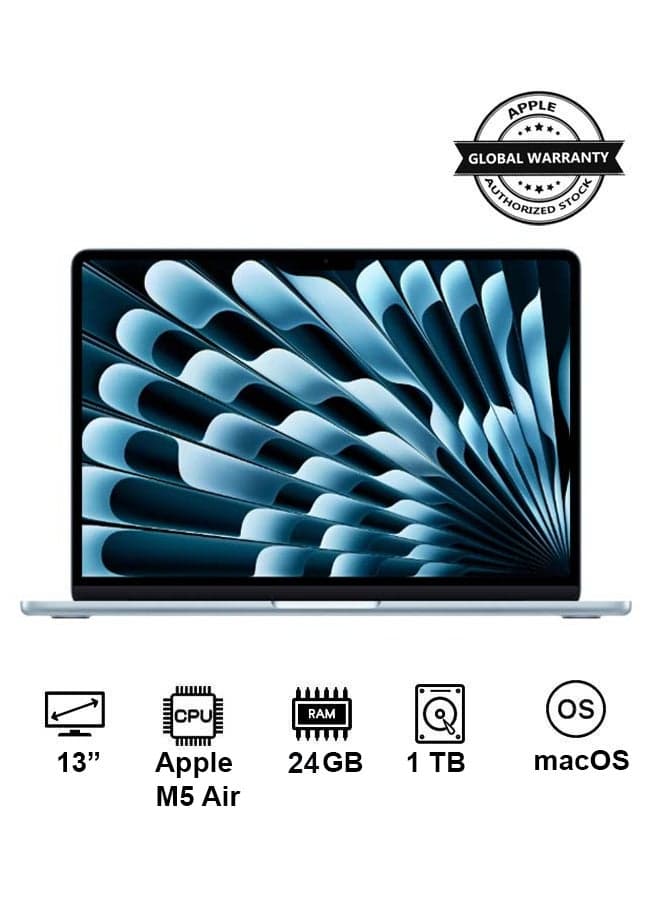New 2026 MacBook Air MDHK4 | 13 Inch Display | Apple M5 Air | 10-Core CPU 10-Core GPU | 24GB RAM | 1TB SSD | macOS | English And Arabic Keyboard | Sky Blue