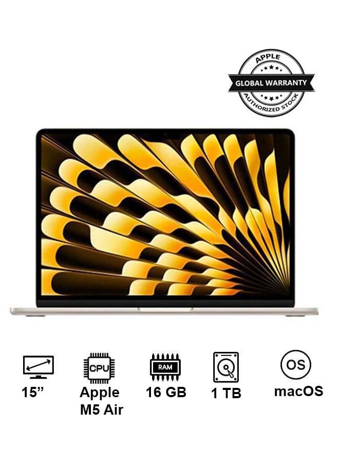 New 2026 MacBook Air MDVE4 | 15 Inch Display | Apple M5 Air  | 10-Core CPU 10-Core GPU | 16GB RAM | 1TB SSD | macOS | English Keyboard | Starlight