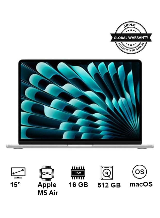 New 2026 MacBook Air MDV94 | 15 Inch Display | Apple M5 Air  | 10-Core CPU 10-Core GPU | 16GB RAM | 512GB SSD | macOS | English And Arabic Keyboard | Silver