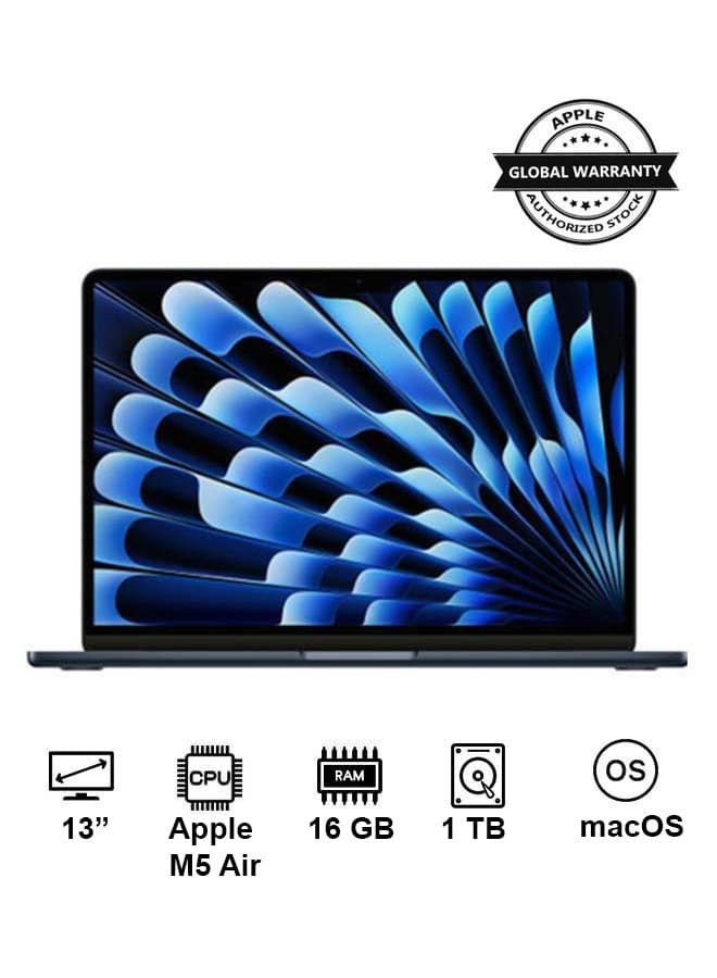 New 2026 MacBook Air MDHF4 | 13 Inch Display | Apple M5 Air  | 10-Core CPU 10-Core GPU | 16GB RAM | 1TB SSD | macOS | English Keyboard | Midnight