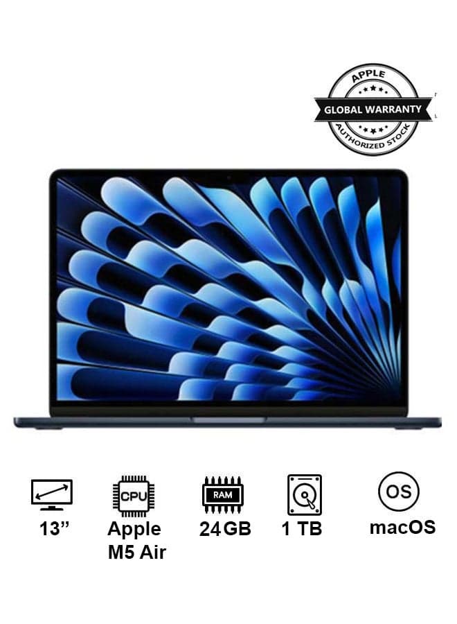 New 2026 MacBook Air MDHG4 | 13 Inch Display | Apple M5 Air  | 10-Core CPU 10-Core GPU | 24GB RAM | 1TB SSD | macOS | English And Arabic Keyboard | Midnight