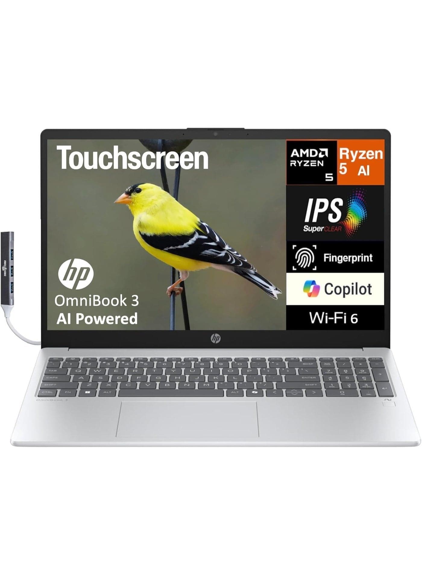 OmniBook 3 Copilot+ 15.6" FHD Touch Laptop, AMD Ryzen 5 AI 5 330, 16GB DDR5 RAM, 512GB SSD, AI Smart Features, Wi-Fi 6, Windows 11 Home, Glacier Silver, 2025 English Glacier Silver