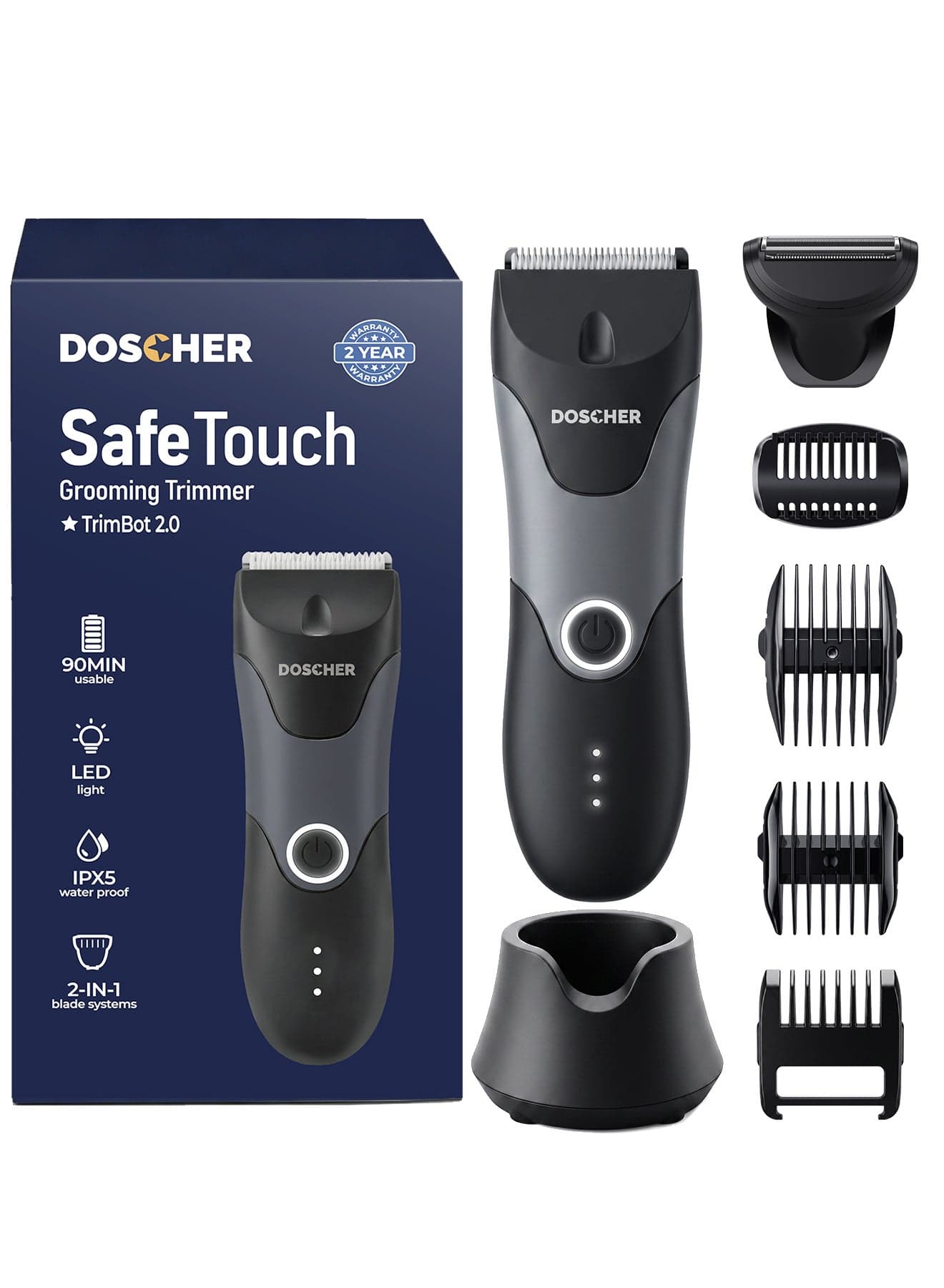 Body Trimmer for Men,Ceramic & Dual-Sided Heads, Pubic & Body Hair Tools, 90-Min Battery, Fast Charge, IPX Waterproof Black