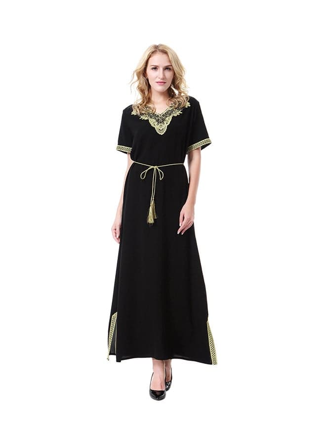 V-Neck Short Sleeve Wool Peach Dress Black/Green