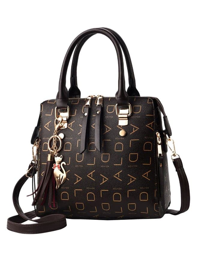 Letter Printed Satchel Bag With Keychain Black