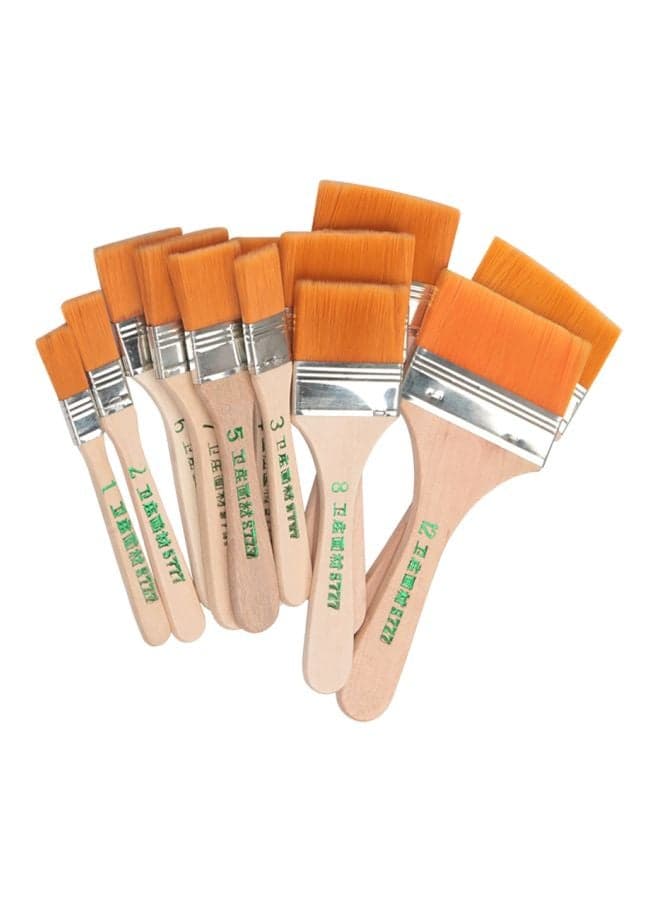 Pack Of 12 Flat Nylon Hair Wooden Painting Brush Orange/Beige