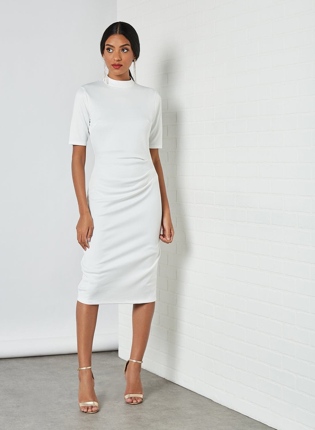 High Neck Midi Dress White
