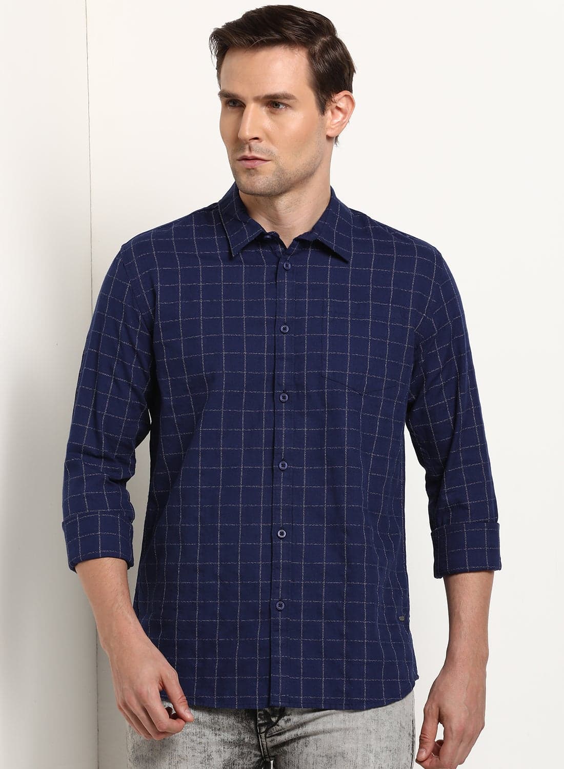 Pocket Detail Checked Pattern Regular Fit Shirt Navy Blue