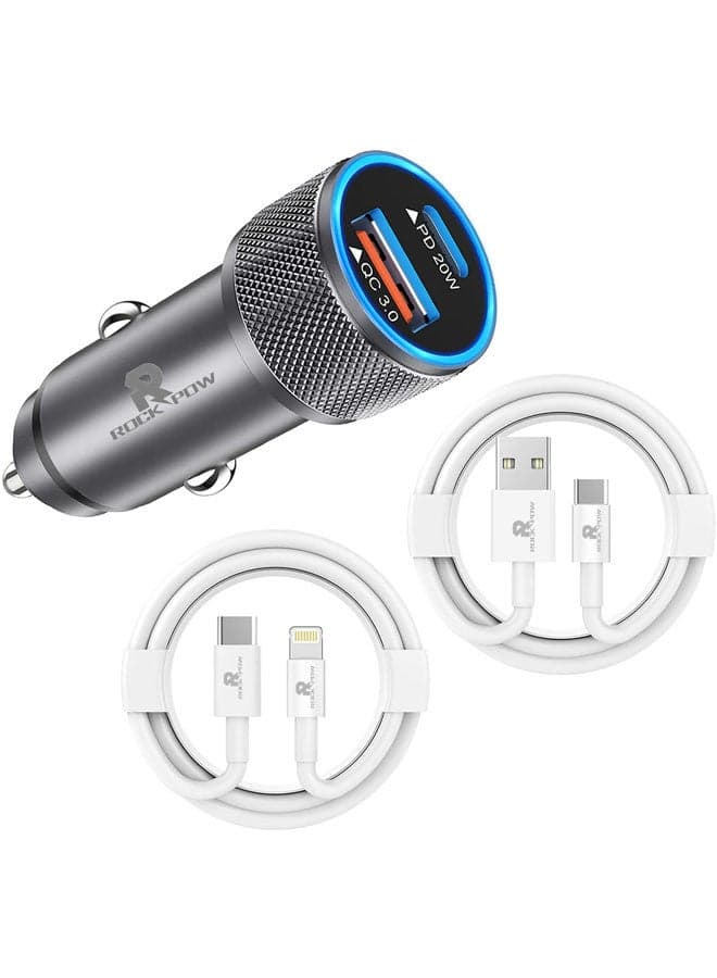 [Apple MFi Certified] iPhone Fast Car Charger,38W Dual Port USB C Power Delivery All Metal Car Adapter with 2 pcs Lightning and Type C Cable, PD20/QC3.0 Car Quick Charging for iPhone/iPad/AirPods,Samsung/Huawei/Xiaomi/Google Pixel, Grey