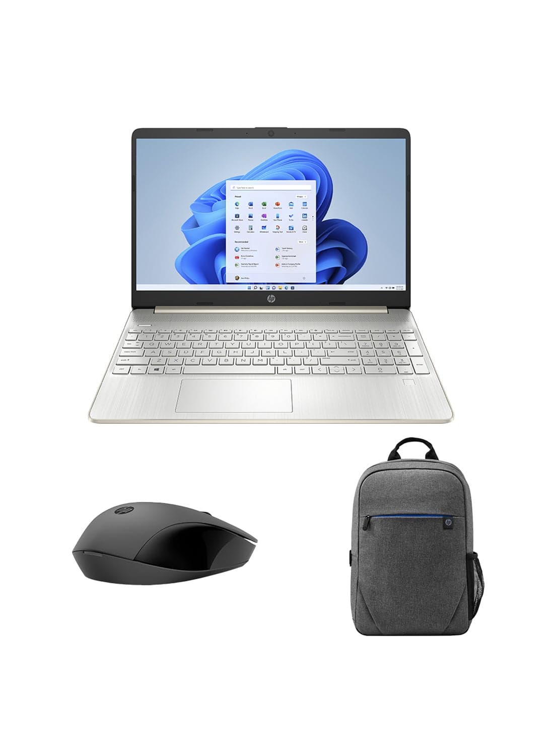 (Upgraded Version) Laptop 15s-fq5050ne With 15.6-Inch FHD Display, 12th Gen Intel Core i5 1235U Processor/8GB RAM/512GB SSD/Intel Iris XE Graphics/Windows 11 + HP 150 Wireless Mouse + HP Prelude 15.6-Inch Backpack English Gold