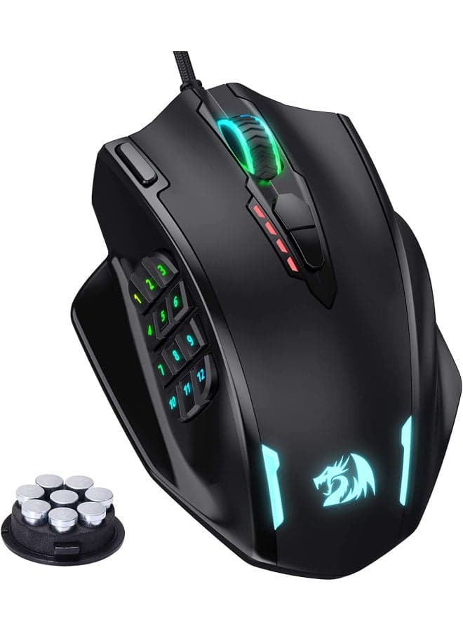 M908 Impact RGB LED MMO Mouse with Side Buttons Optical Wired Gaming Mouse with 12,400DPI, High Precision, 20 Programmable Mouse Buttons - Weight Tuning Cartridge - Black