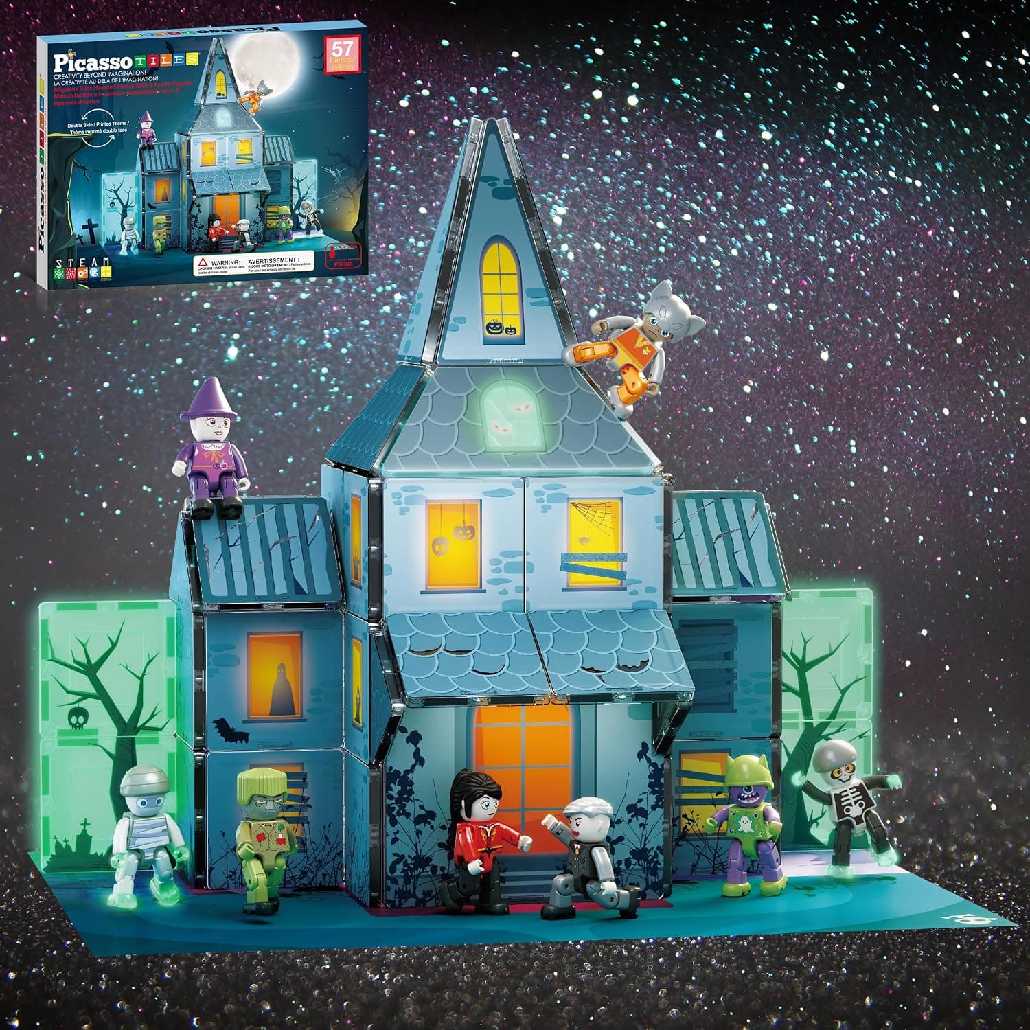 PicassoTiles 57pc Haunted House Theme Magnet Tile Building Blocks 8 Action Figures Magnetic Construction Toy Double Sided Printing Education STEM Learning Playset Halloween Adventure Kid Ages 3+ PTQ03 | 8 action figures with rotating limbs, double-sided tile prints, doors and windows, creative storytelling playset, BPA-free