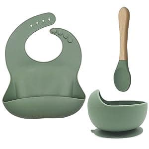 X spring Baby Feeding Set, Olive Green Silicone Tableware, Easy to Carry 3 PCS Bib Spoon and Suction Bowl, Promotes Self Feeding, Microwave Safe Unbreakable Dishes for Infants and Toddlers