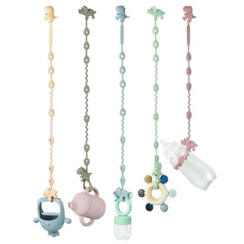 PandaEar Silicone Toy Straps for Baby- 5 Pack Dinosaur Baby Toy Holder Straps- Adjustable Pacifier Teether Harness Straps- Silicone Pacifier Straps for Bottles, Strollers, High Chairs, Cribs