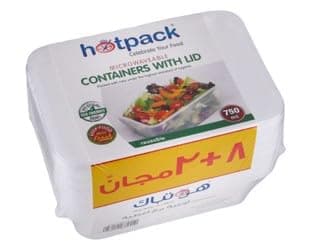 Hotpack Microwave Container 750ml 8+2 Free Pack, White, Clip-On Lid, 10 Pieces
