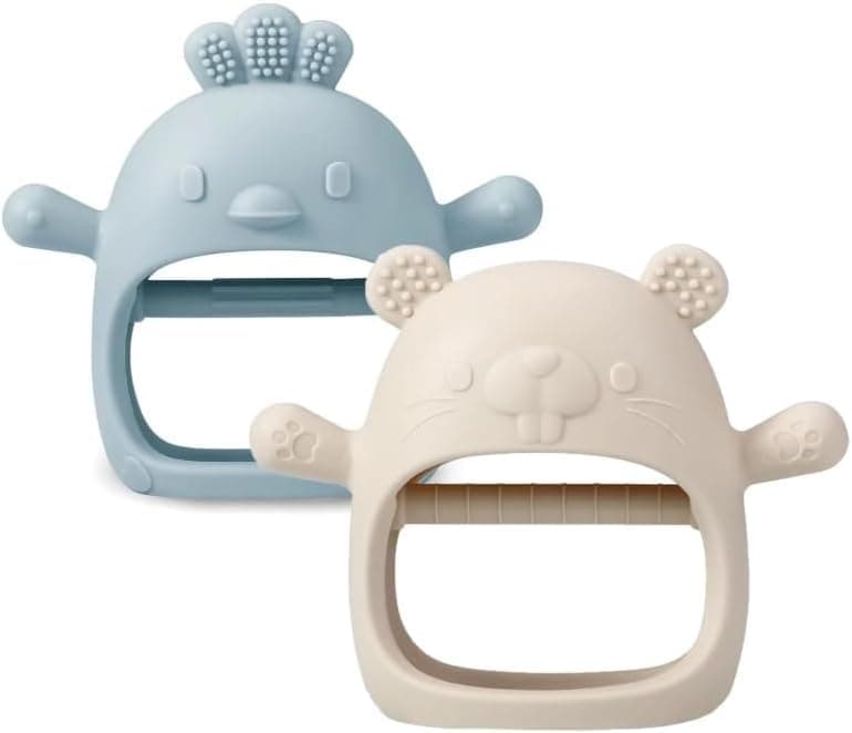 SKY-TOUCH 2 Pack Silicone Baby Teething Mittens, Hand Teether Gloves for 3+ Months, BPA-Free Silicone, Anti-Drop Teether for Gum Relief (White/Blue)