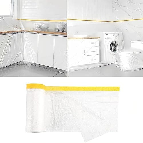 Goodern 4M x 20M Tape and Drape, Plastic Drop Cloth Plastic Sheeting with Masking Tape,Waterproof Dust-Proof Protective Masking Film,Prevent Dust Paint Cover for Car,Furniture,Carpet,Floor,Bed