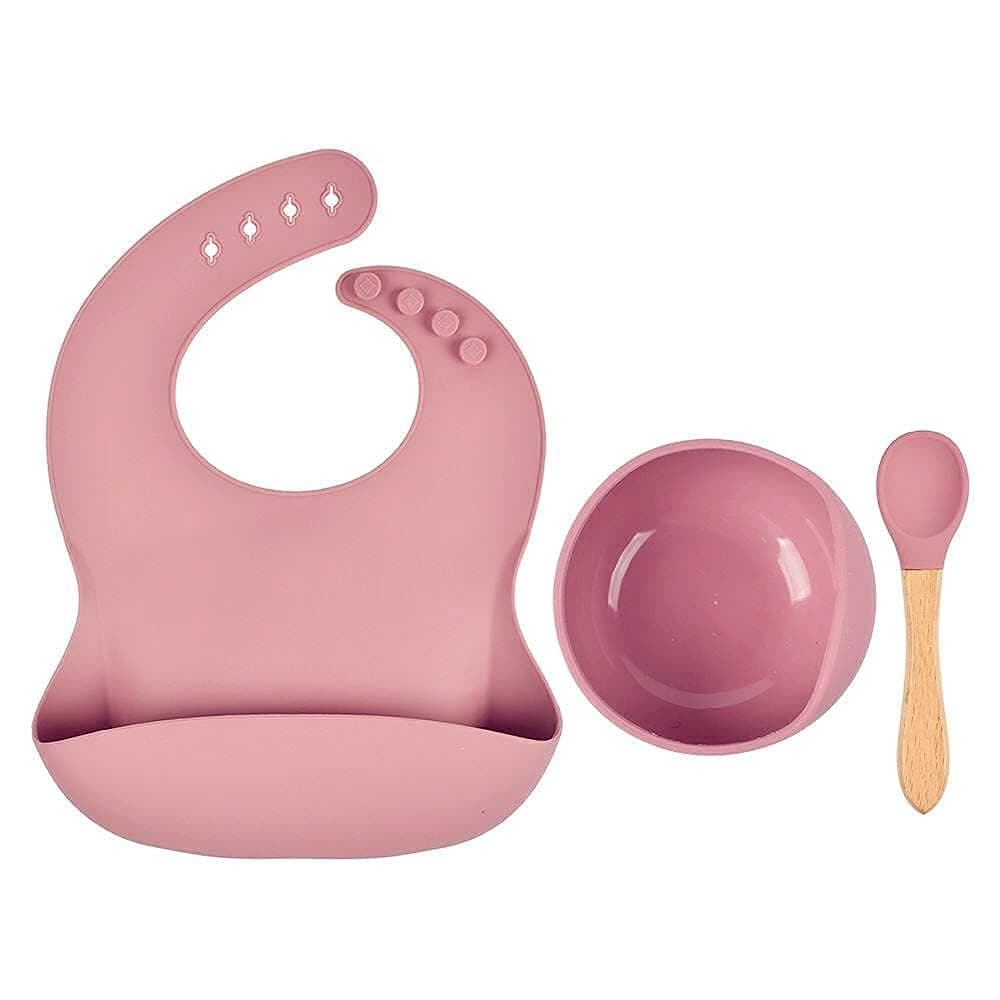 Joyzzz Silicone Baby Feeding Set, Bowl with Suction Cup, Silicone Bib and Spoon, Infant Toddler Dinnerware, Self-Feeding Tableware Kit, Baby-Led Weaning Supplies (Pink)