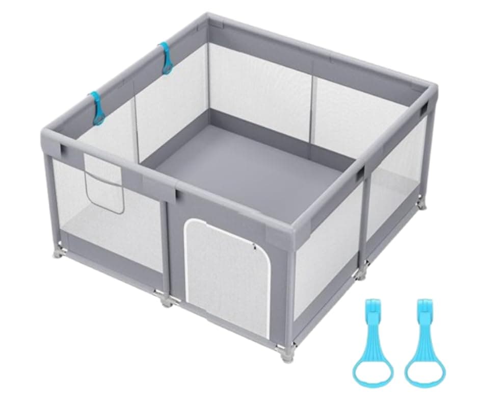 PICCASIO 120x120 Baby Playpen with 2 Pull Rings - Portable Safe Indoor & Outdoor Playard & Activity Center, Baby Bumper Foam Play Fence with Breathable Mesh Sides