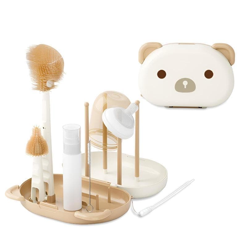 Baby Bottle Cleaner Set, 6 in 1 Portable Silicone Travel Bottle Brush Kit with Drying Rack, Compact Baby Essentials for Home and Travel (White)