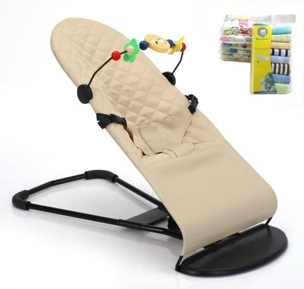 Baby Bouncer, Portable Bouncer Seat for Babies, Infant Rocker with 3-Point Harness, Ergonomic Rocker with Mesh Fabric Babies Soothing Vibrations, Include Head Pillow and Baby Burp Cloth