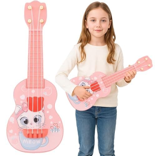 Kids Guitar, 21cm Mini Ukulele Toy for Toddlers, Cute Cat Design Musical Instrument, Birthday Gifts for Boys and Girls, Pink