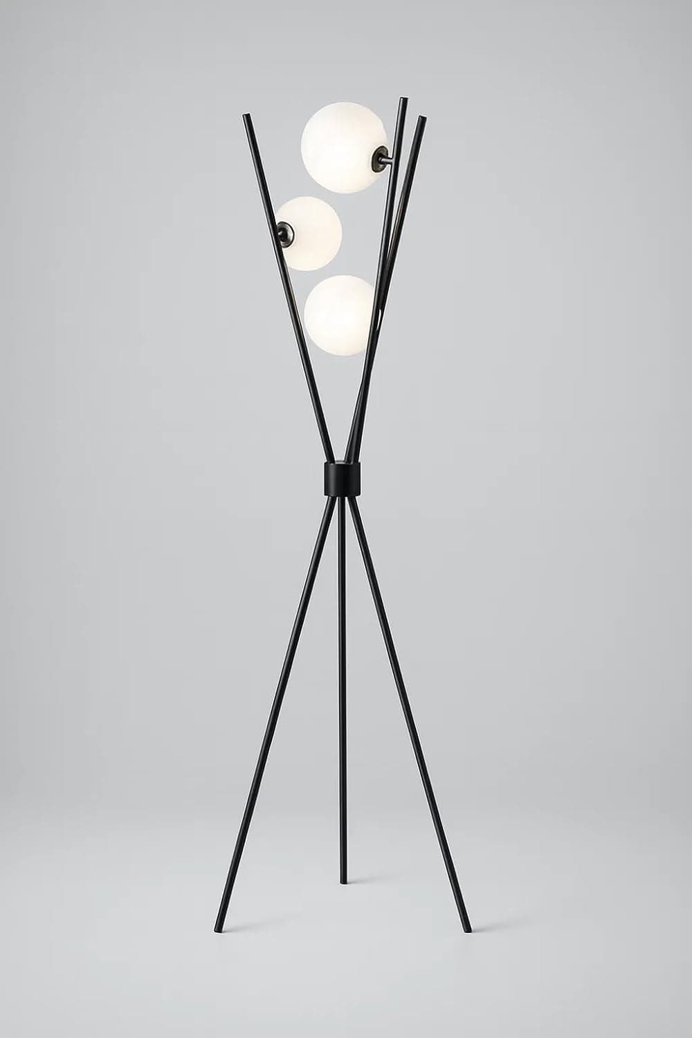 Modern Tripod Floor Lamp, Black Metal Frame, White Glass Shades, Contemporary Standing Light