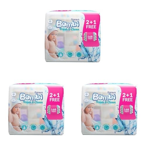 Sanita Bambi Baby Wet Wipes Fresh and Clean - (2+1) 168 Wipes (Pack of 3)