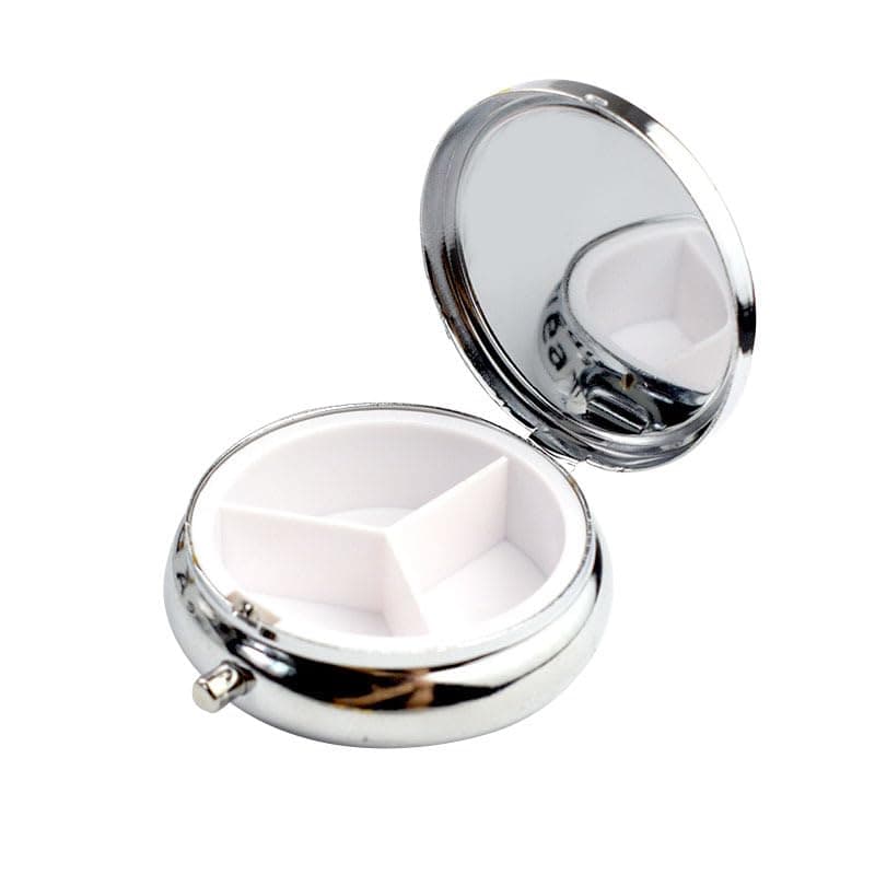Portable Metal Pill Box with Mirror, Small Travel Pill Case for Purse Pocket, Waterproof Medicine Organizer for Vitamins Supplements (Round)