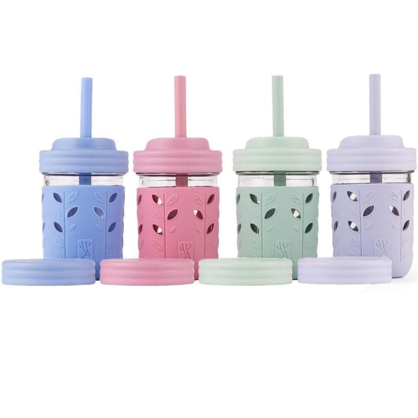 Elk and Friends Kids & Toddler Cups | The Original Glass Mason jars 8 oz with Silicone Sleeves & Silicone Straws with Stoppers | Smoothie Cups | Spill Proof Sippy Cups for Toddlers | 4 Pack