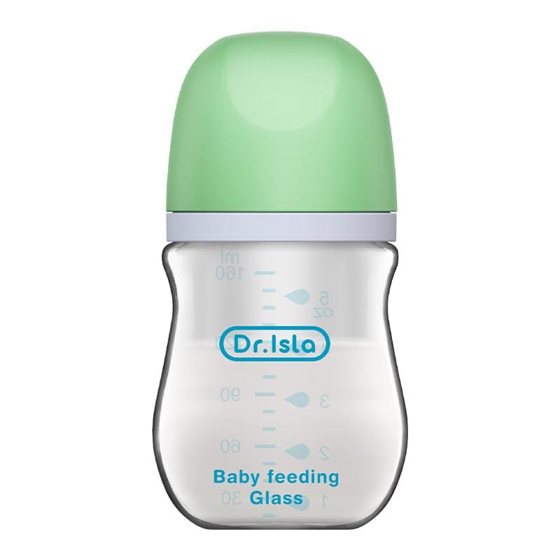 Dr.isla Glass Baby Bottle 160ml, Anti-Colic Infant Feeding Bottle with Soft Silicone Breast-Like Nipple, Easy-Grip Glass Bottle with Measurement Scale and Protective Cap(Green)