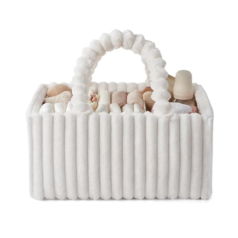 Paporich Flannel Diaper Caddy Organizer, Cozy Nursery Storage Basket, Gift for Baby Shower, Newborn Essentials, Cream Beige