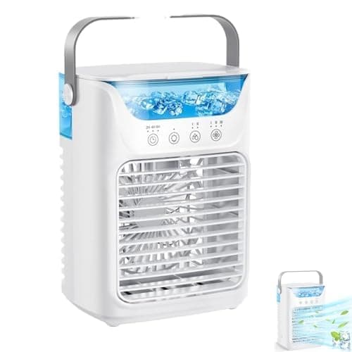 X spring Portable Air Conditioners, White 4-in-1 Mini Air Cooler with 650ml Water Tank and 3 Wind Speeds with 7 LED Lights, Personal Air Conditioner for Bedroom, Office and Small Spaces