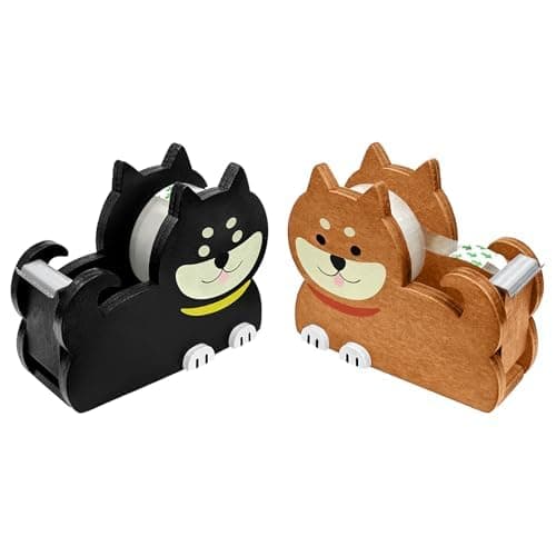 Wooden Tape Dispenser Set with Cute Shiba Dog Design - 2-Pack Kawaii Desktop Organizer for Office, Home & School, Functional and Decorative Desk Accessory with Metal Cutter (Black and Brown)