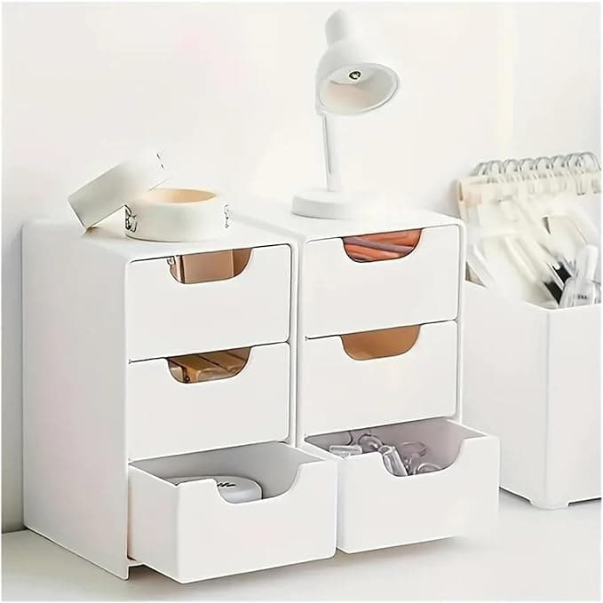 3-Tier Mini Desktop Drawer Organizer, Small Plastic Storage Box with 3 Drawers for Office Supplies, Slim Stationary Organizer for Desk, White