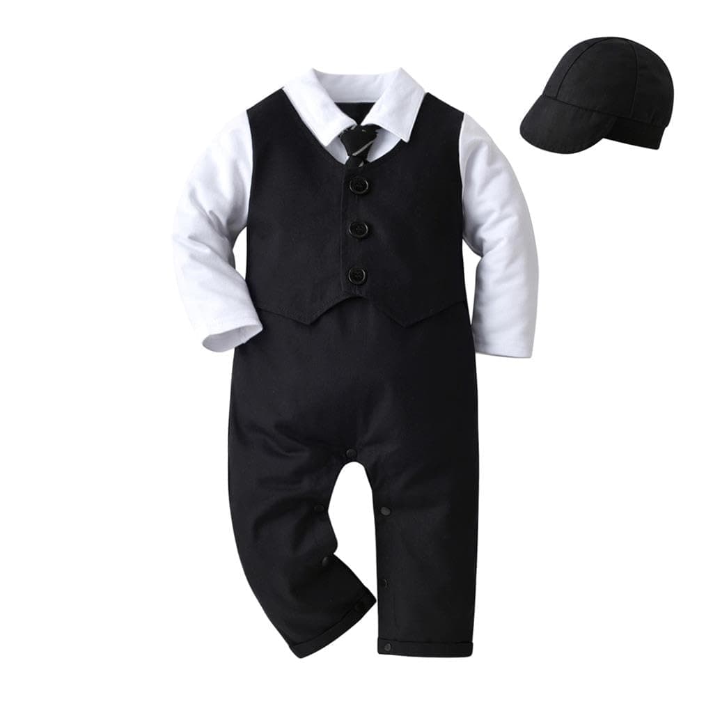 Dressy Daisy Infant Baby Boy One Piece Vest Suit Set with Hat Onesie Gentleman Formal Romper Outfit, Black/Khaki