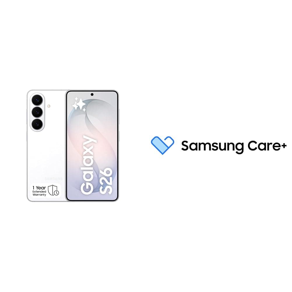 Samsung Galaxy S26 White, 256GB Storage, AI Phone, 12GB RAM, Customized AP, Photo Assist, 50MP Camera(KSA Version) with Samsung Care+ 1Y Screen Damage for S FE, S, S+ smartphones [Digital Code]