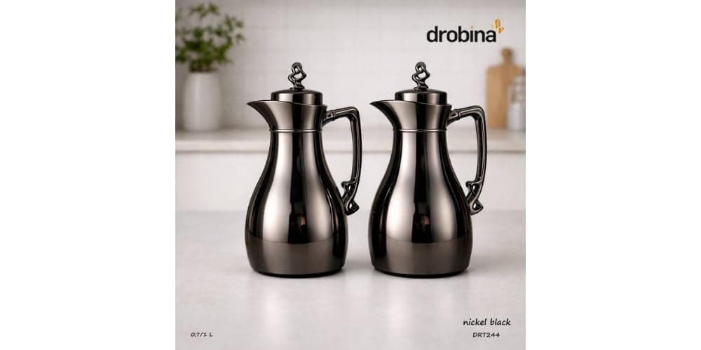 طقم ترامس قهوة وشاي ستيل من دروبينا | ثلاجة قهوة وشاي 2 قطعة - 1 / 0.7 لتر (اسود نيكل)