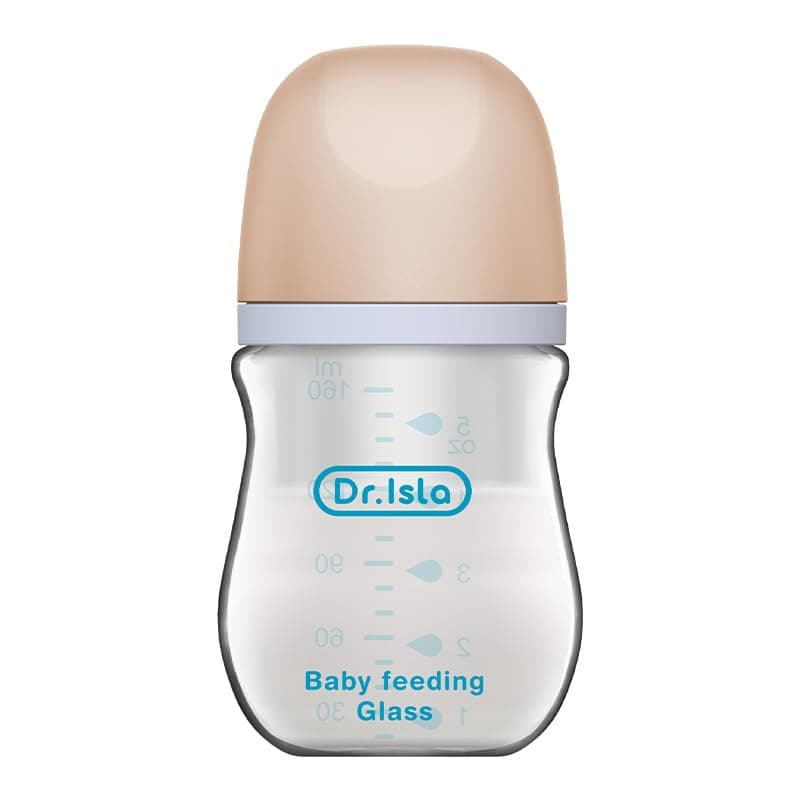 Dr.isla Glass Baby Bottle 160ml, Anti-Colic Infant Feeding Bottle with Soft Silicone Breast-Like Nipple, Easy-Grip Glass Bottle with Measurement Scale and Protective Cap(Pink)